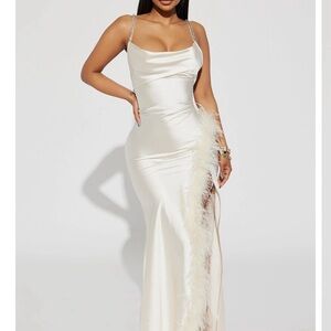 Elegant White Satin Gown with Feather Detail